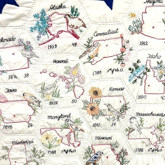 Rare 70s Hand Stitched Heirloom State Flowers Birds Statehood Patchwork Quilt - Picture 3 of 10